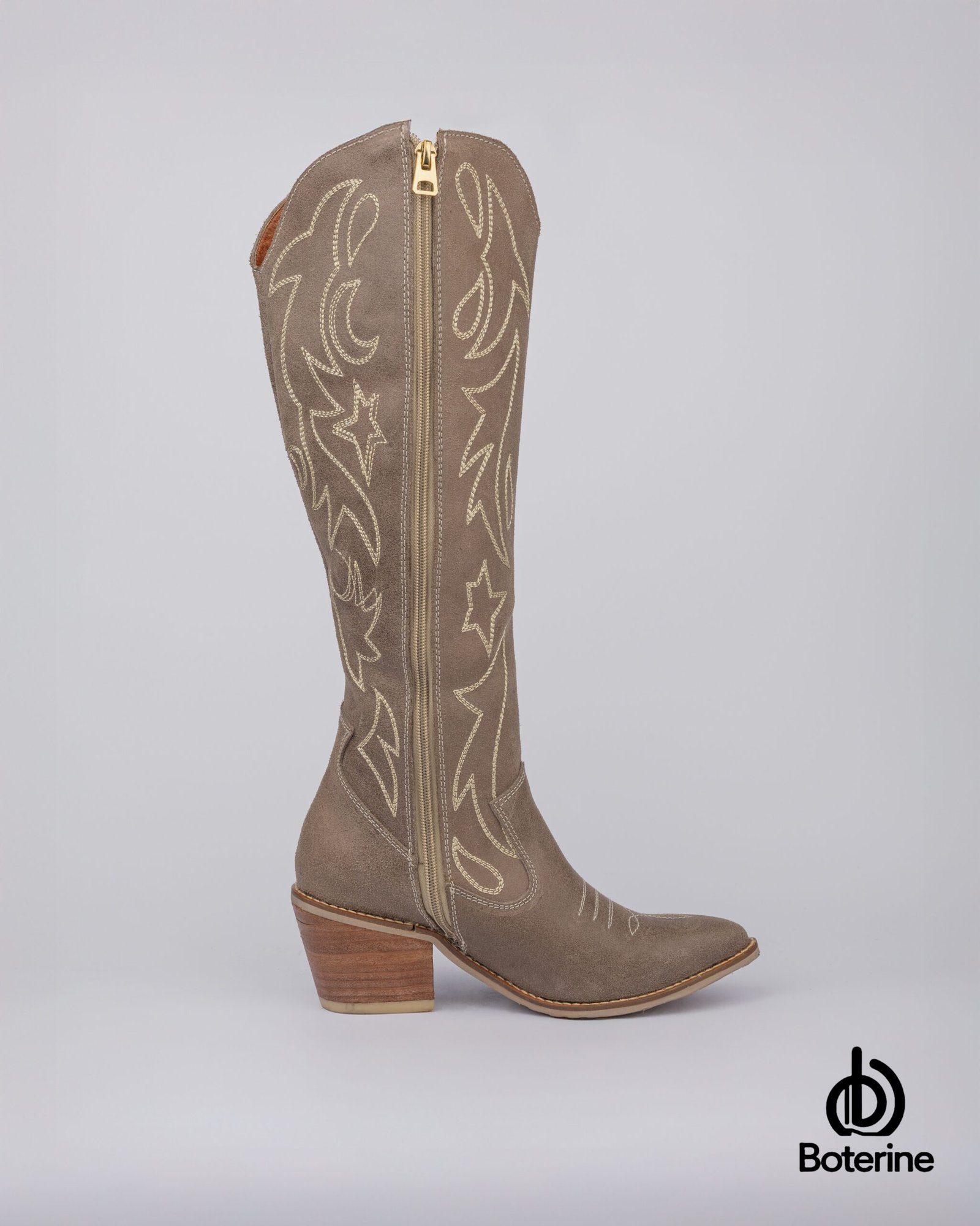 Botas texanas en gamuza bordadas para mujer beige - Image 2