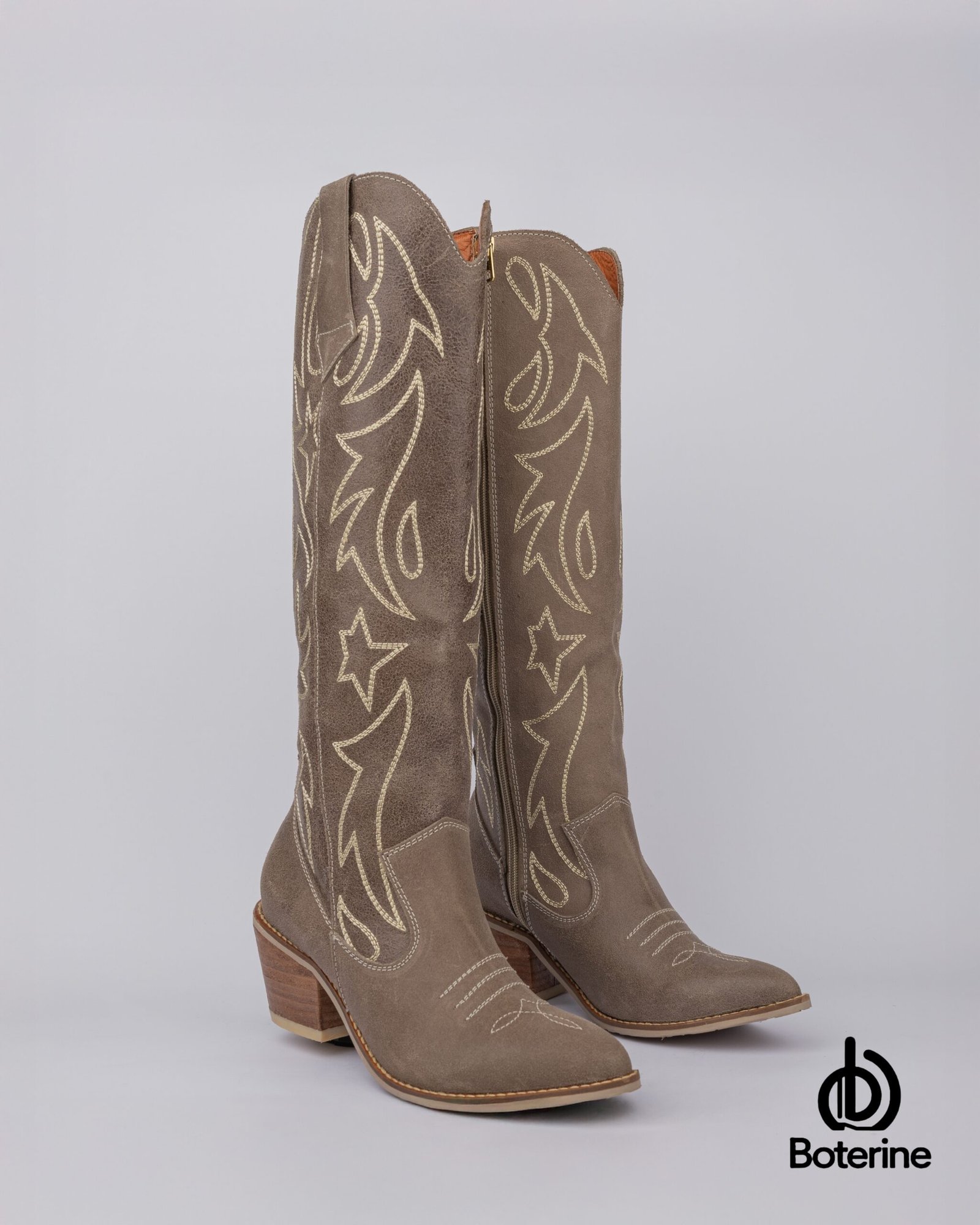 Botas texanas en gamuza bordadas para mujer beige - Image 3